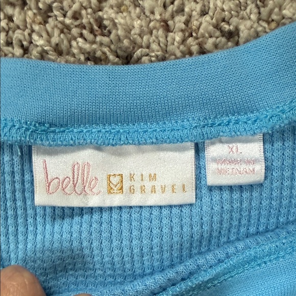 Belle by Kim Gravel Light Blue Waffle Top with Floral Sleeves - Picture 3 of 9